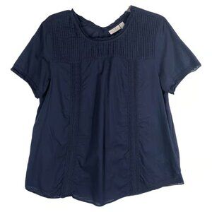 LOGO Lori Goldstein Medium Top Navy Blue Lace Trim Short Sleeve Pintuck